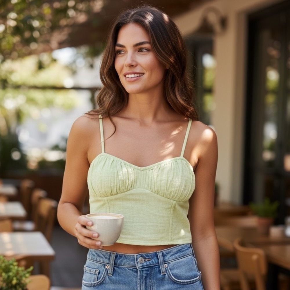 American‎ Eagle Lime Green Ruched Bust Cropped Cami Top Fairycore Cottagecore M
